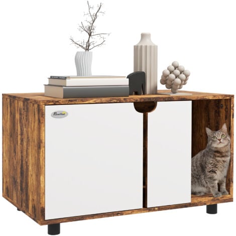 PawHut Hidden Cat Litter Box Furniture w/ Sand Drain Pad - Rustic Brown