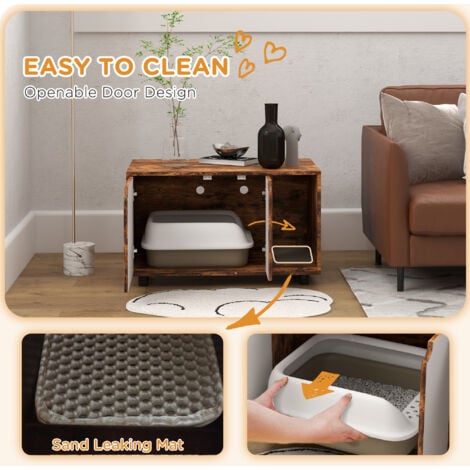 PawHut Hidden Cat Litter Box Furniture w/ Sand Drain Pad - Rustic Brown