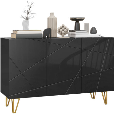 HOMCOM Storage Cabinet with High Gloss Front, Freestanding Sideboard with Adjustable Shelves, Soft-Close Doors and Gold Tone Hairpin Legs for Living Room, Dining Room, Hallway Black