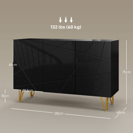 HOMCOM Storage Cabinet with High Gloss Front, Freestanding Sideboard with Adjustable Shelves, Soft-Close Doors and Gold Tone Hairpin Legs for Living Room, Dining Room, Hallway Black