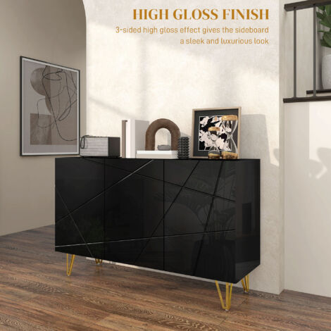 HOMCOM Storage Cabinet with High Gloss Front, Freestanding Sideboard with Adjustable Shelves, Soft-Close Doors and Gold Tone Hairpin Legs for Living Room, Dining Room, Hallway Black