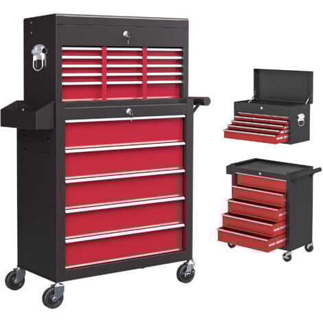 HOMCOM Rolling Tool Cabinet on Wheels with 14 Drawers, Pegboard and Side Rack, Lockable Top Tool Chest and Roller Cabinet Combo for Workshop and Hom Red