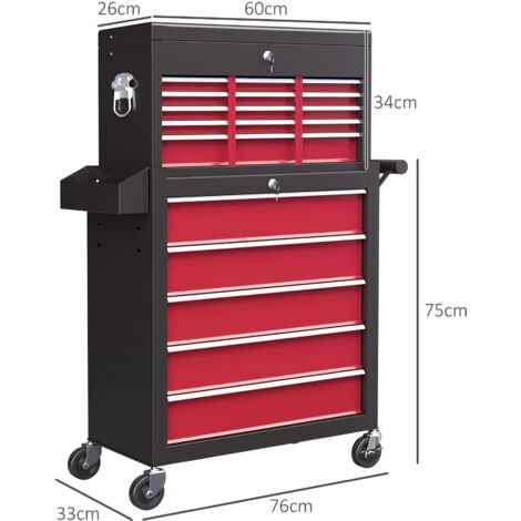 HOMCOM Rolling Tool Cabinet on Wheels with 14 Drawers, Pegboard and Side Rack, Lockable Top Tool Chest and Roller Cabinet Combo for Workshop and Hom Red