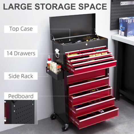 HOMCOM Rolling Tool Cabinet on Wheels with 14 Drawers, Pegboard and Side Rack, Lockable Top Tool Chest and Roller Cabinet Combo for Workshop and Hom Red