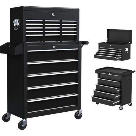 HOMCOM Rolling Tool Cabinet on Wheels with 14 Drawers, Pegboard and Side Rack, Lockable Top Tool Chest and Roller Cabinet Combo for Workshop and Hom Black
