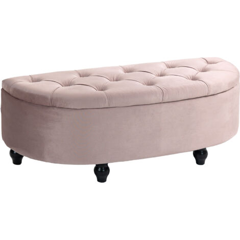 HOMCOM Semi-Circle Bed End Bench Ottoman with Storage Tufted Upholstered Accent Seat Footrest Stool with Rubberwood Legs for Bedroom & Entryway Pink (1/5)