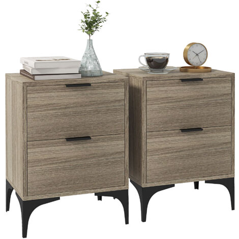 HOMCOM Bedside Tables Set of 2, Modern Nightstand with 2 Drawers, Small Sofa End Tables with Storage and Steel Legs for Bedroom, Living Room Grey