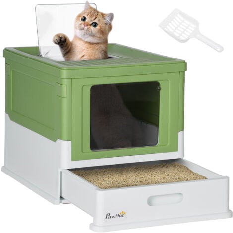 PawHut Hooded Cat Litter Box Portable Pet Toilet w Tray Scoop Front Entry Light Green