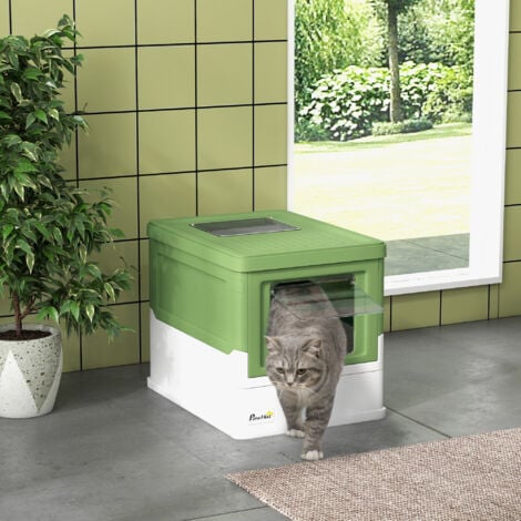 PawHut Hooded Cat Litter Box, Portable Pet Toilet w/ Tray, Scoop, Front Entry Light Green