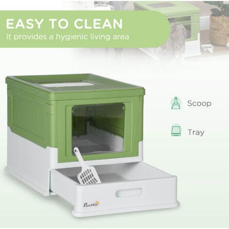 PawHut Hooded Cat Litter Box, Portable Pet Toilet w/ Tray, Scoop, Front Entry Light Green
