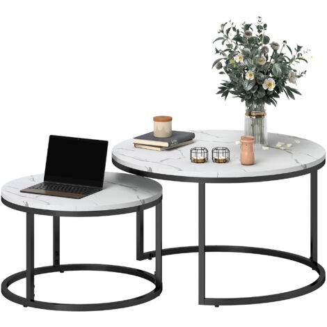 HOMCOM 2 Pcs Stacking Coffee Table Set Steel Frame Marble-Effect Top Foot Pads White