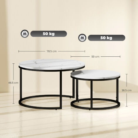 HOMCOM 2 Pcs Stacking Coffee Table Set Steel Frame Marble-Effect Top Foot Pads White