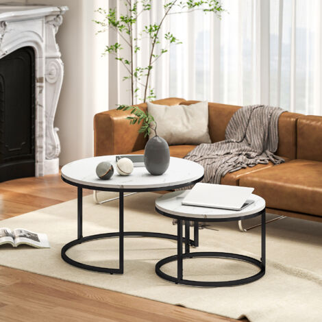 HOMCOM 2 Pcs Stacking Coffee Table Set Steel Frame Marble-Effect Top Foot Pads White
