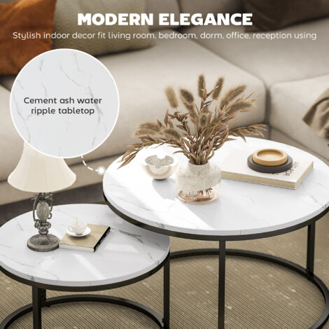 HOMCOM 2 Pcs Stacking Coffee Table Set Steel Frame Marble-Effect Top Foot Pads White