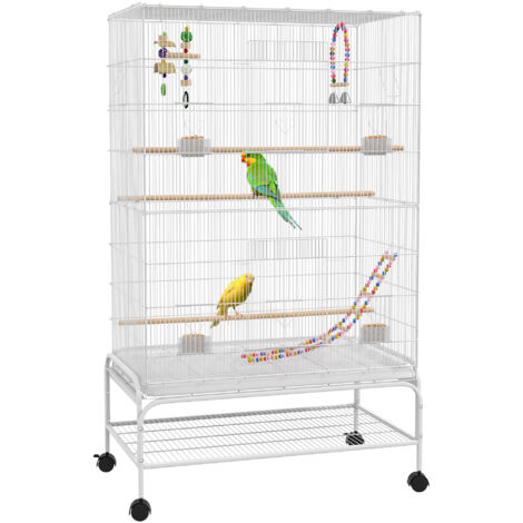 PawHut Bird Cage, with Stand, Wheels, Toys, for Budgies, Finches, Parakeets White