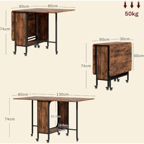 HOMCOM Mobile Drop Leaf Dining Table on Wheels with Storage Shelf Rustic Brown