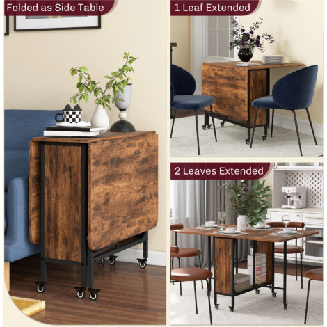 HOMCOM Mobile Drop Leaf Dining Table on Wheels with Storage Shelf Rustic Brown