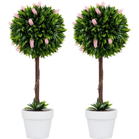 HOMCOM Set of 2 Potted Artificial Plants Ball Tree with Flowers Pink
