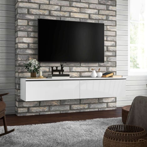 HOMCOM Wall Mounted TV Stand Unit with Storage and High Gloss Effect White