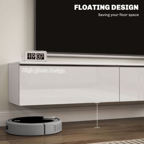 HOMCOM Wall Mounted TV Stand Unit with Storage and High Gloss Effect White