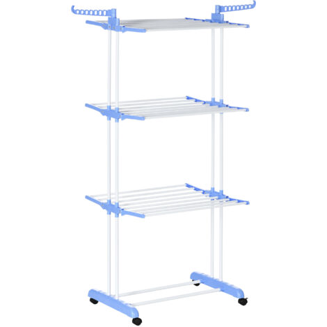 HOMCOM Foldable Clothes Drying Rack Steel Garment Dryer with Casters Blue