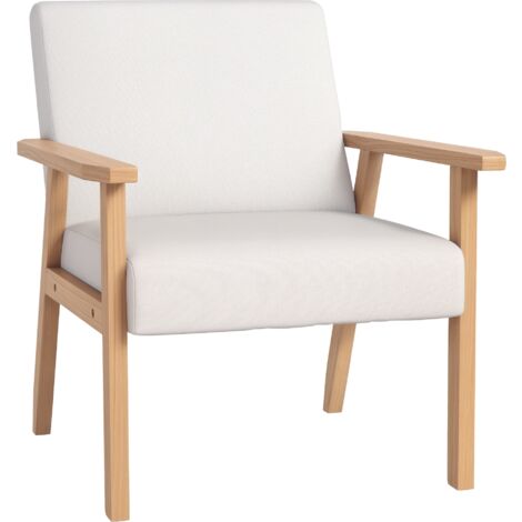 HOMCOM Accent Chair with Wood Frame Wide Seat Linen Armchair Cream White (1/5)
