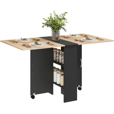 HOMCOM Folding Dining Table, Drop Leaf Table for Small Spaces with 2-tier Shelves, Small Kitchen Table with Rolling Casters Oak and Black