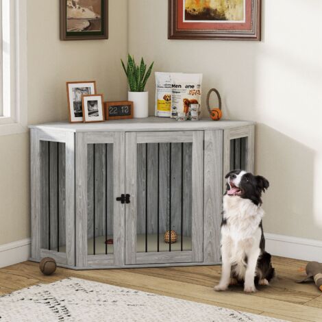 PawHut Dog Crate Furniture for Large Dogs w/ Cushion, Door Grey