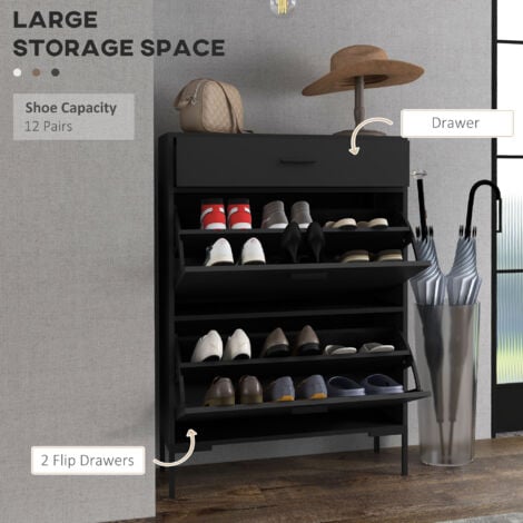 HOMCOM Shoe Storage Cupboard with 2 Flip Doors and Sliding out Drawer, Black