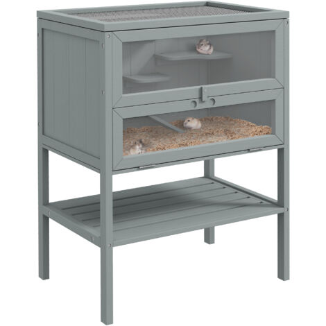 PawHut Wooden Hamster Cage w/ Storage Shelf, Openable Top for Gerbils Grey