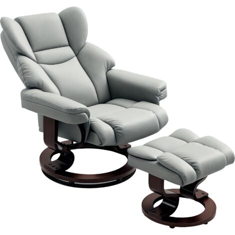 HOMCOM Padded PU Leather Manual Reclining Armchair Sofa Chair w/ Footstool Light Grey (1/5)