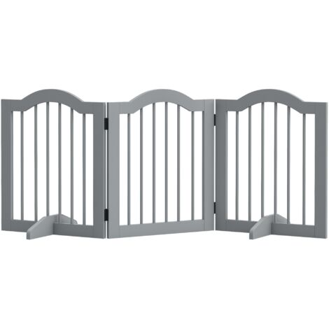 PawHut Freestanding Pet Gate Wooden Dog Gate with Support Feet for Doorway Stairs Grey