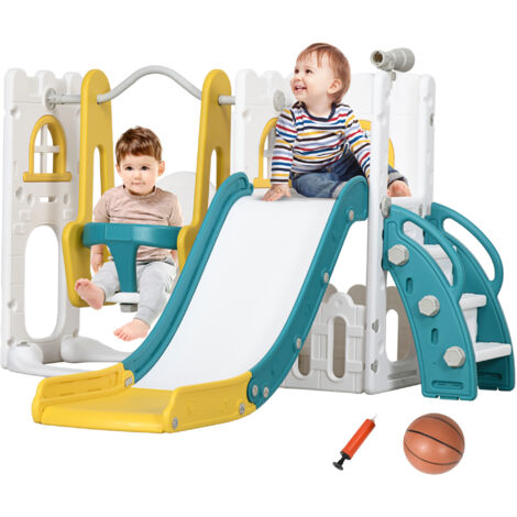 AIYAPLAY 6-in-1 Toddler Climber and Set w/ Basketball Hoop, Telescope Yellow (1/5)