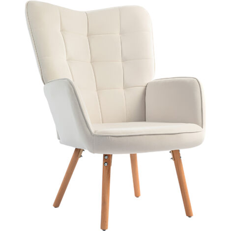 HOMCOM Modern Accent Chair Velvet-Touch Tufted Wing Back Armchair Cream White