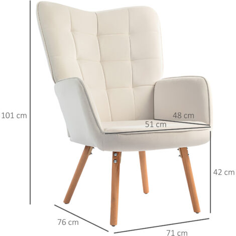HOMCOM Modern Accent Chair Velvet-Touch Tufted Wing Back Armchair Cream White