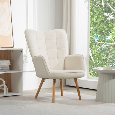 HOMCOM Modern Accent Chair Velvet-Touch Tufted Wing Back Armchair Cream White
