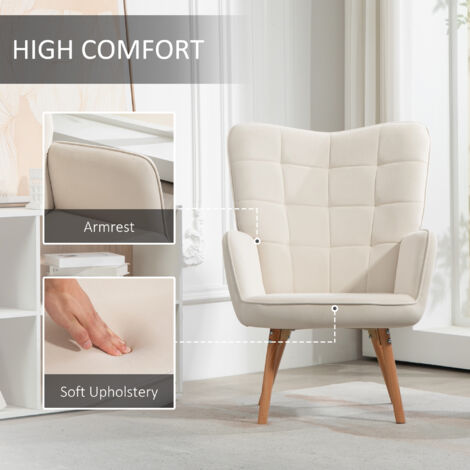 HOMCOM Modern Accent Chair Velvet-Touch Tufted Wing Back Armchair Cream White