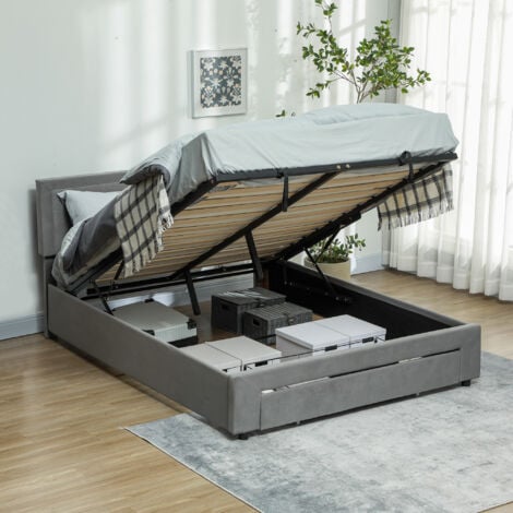 HOMCOM Double Bed Frame with Storage and Adjustable Velvet Headboard King Size