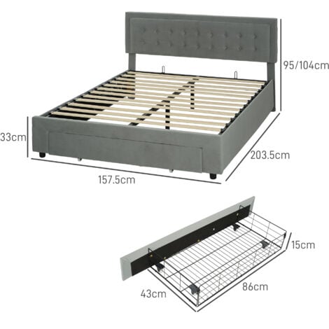 HOMCOM Double Bed Frame with Storage and Adjustable Velvet Headboard King Size