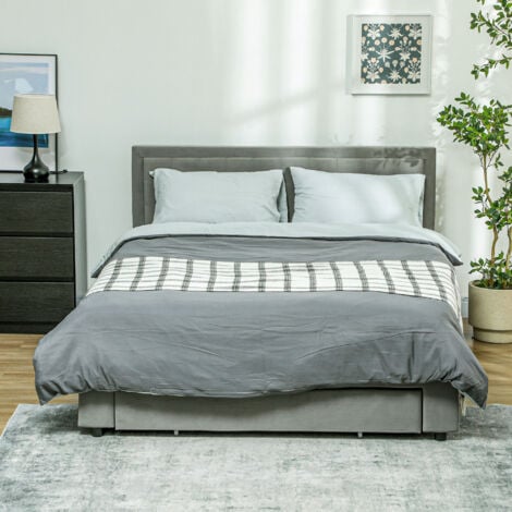 HOMCOM Double Bed Frame with Storage and Adjustable Velvet Headboard King Size