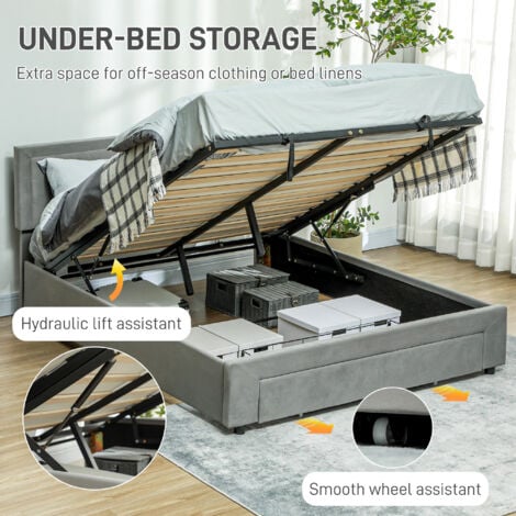 HOMCOM Double Bed Frame with Storage and Adjustable Velvet Headboard King Size