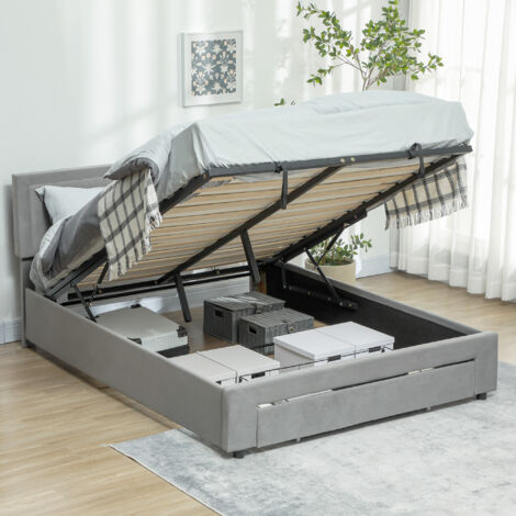 HOMCOM Double Bed Frame with Storage and Adjustable Velvet Headboard Double