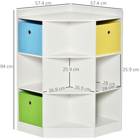 HOMCOM Kids Bookcase, 3 Tier Toy Organiser Storage Unit BookShelf with 3 Non-woven Fabric Drawers, Anti-tip Device, for Bedroom, Children's Room, Playroom White