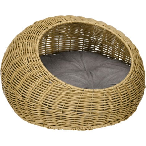 PawHut Wicker Cat House with Washable Cushion for Indoor Cats, Light Brown