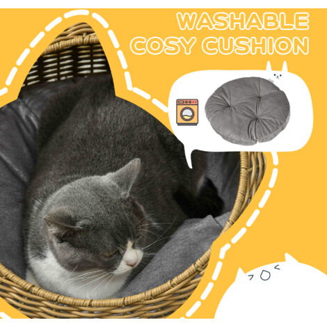 PawHut Wicker Cat House with Washable Cushion for Indoor Cats, Light Brown