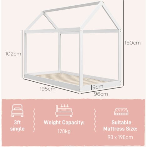 HOMCOM Wooden Single Bed Frame with Tree House Style White