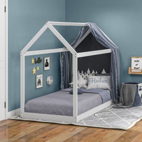 HOMCOM Wooden Single Bed Frame with Tree House Style White