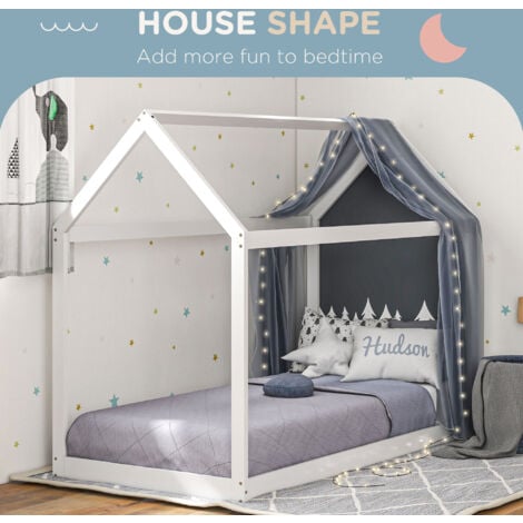 HOMCOM Wooden Single Bed Frame with Tree House Style White