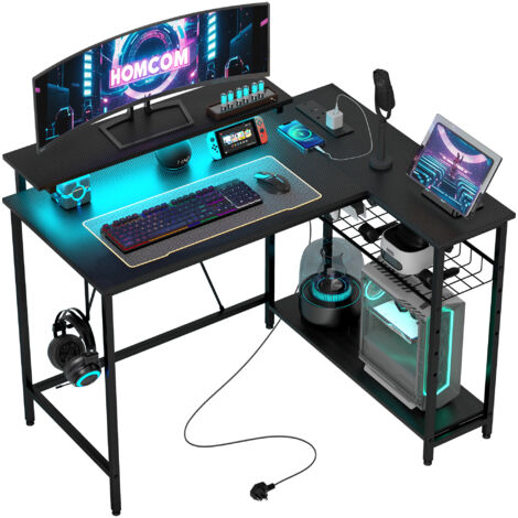 HOMCOM L Shaped Desk with LED Lights and Storage, Black
