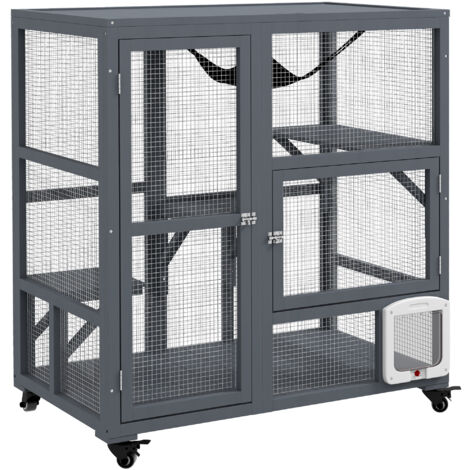 PawHut Indoor Catio Cat House on Wheels with Platforms, Hammock
